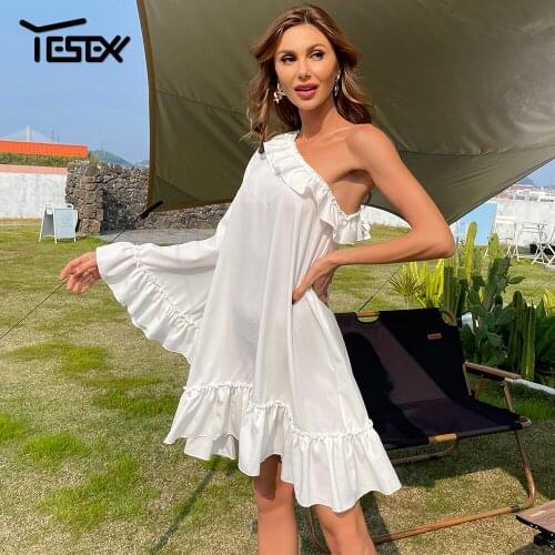 Yesexy 2021Summer One Shoulder Sexy Short Beach Dress Women Solid Color Mini Dress Ruffles Elegant Casual Dress White