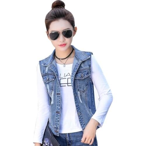 Spring and Autumn Women Denim Jacket Vest Vintage Cropped Short Coat Sleeveless Slim Lady Clothes