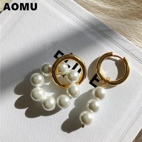 AOMU Retro Baroque Asymmetric Simulated-Pearl Hanging Earrings Double Circle Dangle Earrings for Women Fashion Jewelry Gifts