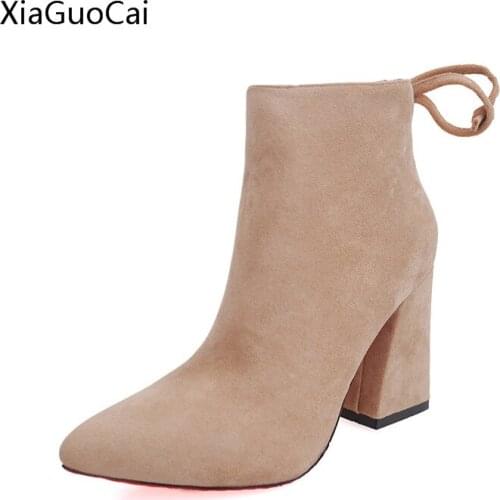 2016 womens pointed toe spring and autumn boots grey thick heels sexy boots for women Suede high heels x980 35