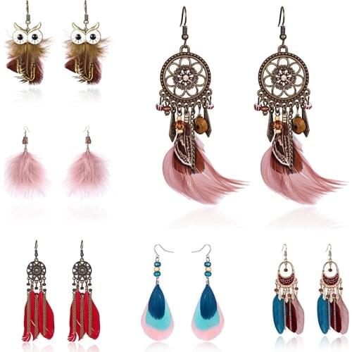 Boho Ethnic Long Feather Tassel Dangle Earrings For Women Vintage Colorful Owl Leaf Feather Drop Earrings Brincos Bride Jewelry