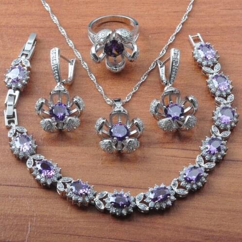 For Women Jewelry Sets Purple Crystal Flower Earrings Rings Bracelet Necklace Wedding Jewelry Set JS0614