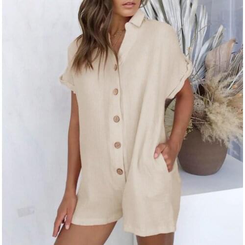 Women Rompers Solid Single Breasted Short Sleeve Playsuits Overall Summer V Neck Loose Beach Jumpsuit комбинезон женский 2021
