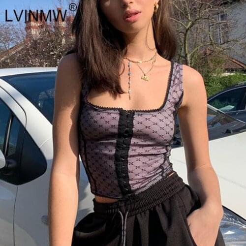 LVINMW Sexy Mesh Polka Dot print breasted Slash Neck crop top 2019 Summer Women Sleeveless Camisole Top Female Streetwear Tshirt