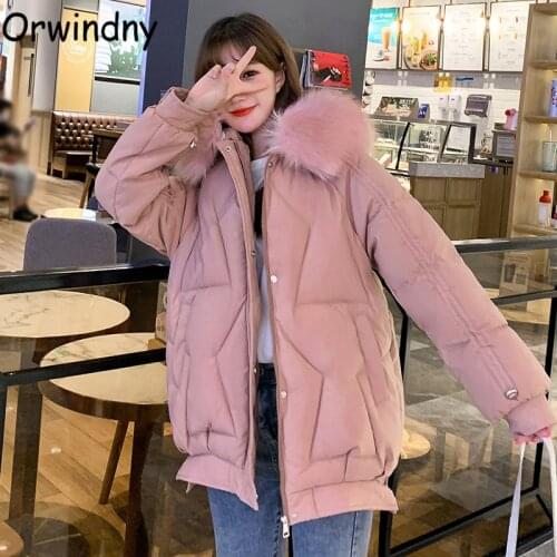 Orwindny Women Winter Coat Loose Fashion Long Parkas Hooded Snow Wear Large Fur Collar Jackets Female Pleated Clothing Outwear