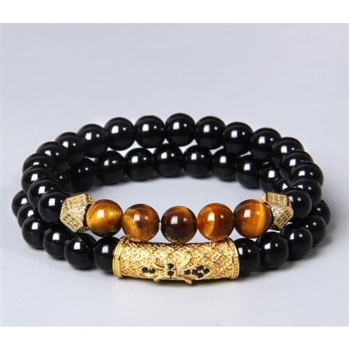 2pcs men lucky Natural tiger eye stone beads bracelet jewelry black brave cz metal beads bracelet fashion homme punk diygifts