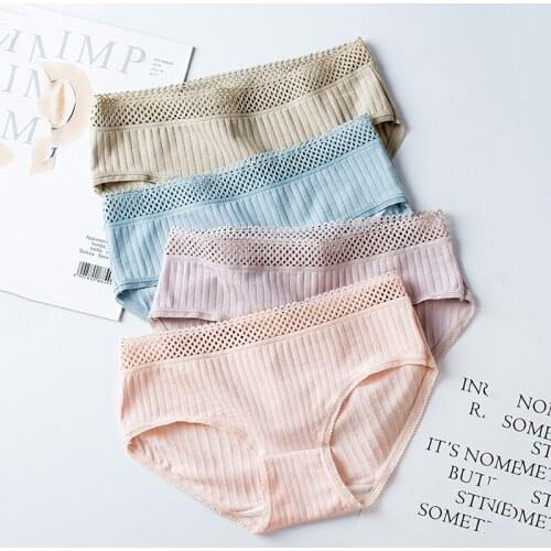 3pcs Womens Cotton Panties Female Hollow Edge Breathable Briefs Sexy Underwear Lingerie Intimates Plus Size L-2XL