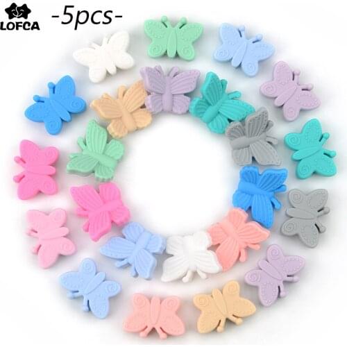 LOFCA 5pcs Butterfly Beads Silicone Baby Teething Toys BPA Free Baby Teether Accessories DIY Nursing Necklace Chew Pacifier Clip