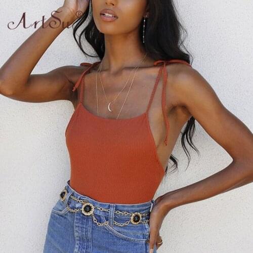 ArtSu Lace Up Backless Solid Slim Casual Camis Top Spaghetti Straps Summer Crop Top Basic Tops Camisole Women Streetwear