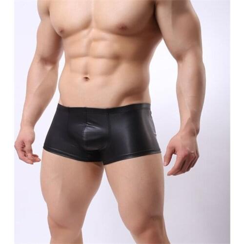 Sexy Mens Boxer Underwear PU Leather Sexy Underpants Cool Breathable Male Boxer Shorts Mens cueca U Convex Pouch Boxers