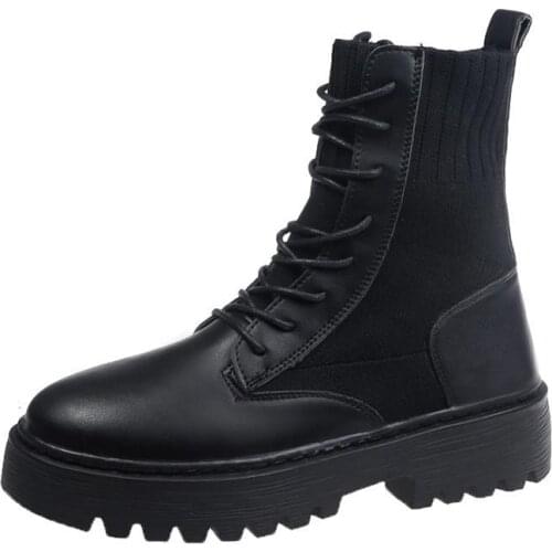 2021 Autumn Winter New Female Knit Black Short Boots Front Lace-up Boots Retro Fashion Premium Quality Leather Boots