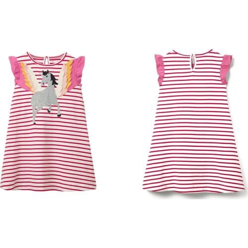 Kids Dress Girls Stripe Horse Print Round Neck Fly Sleeve One-Piece For Summer Pink 0-7 Years