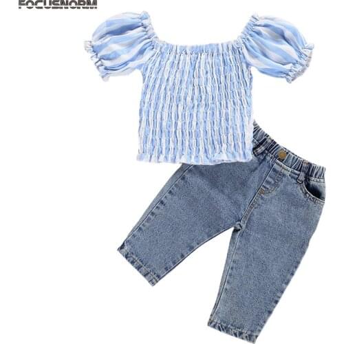 FOCUSNORM 1-6Y Fashion Baby Girls Clothes Sets Striped Print Off Shoulder Short Sleeve Tops Denim Long Pants 2pcs