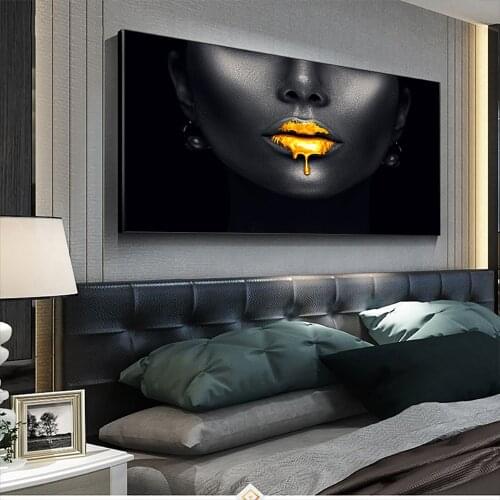 Black African Woman Portrait Poster Canvas Painting Golden Lips Posters and Prints Wall Art Picture Cuadros for Living Room