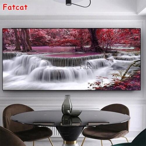 Full drill square Crystal Paintings Natural scenery, red tree waterfall Diamond Embroidery round 5d Diy diamond painting PP1714
