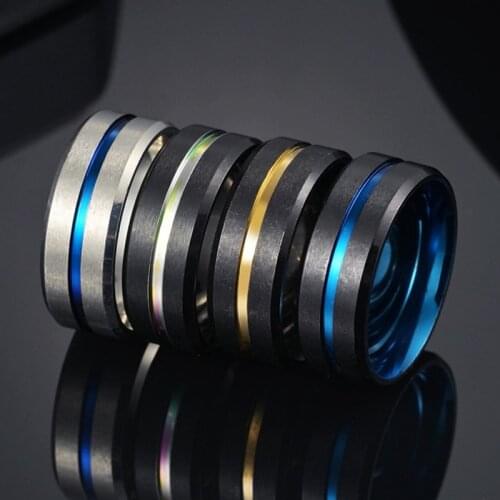 Fashion Stainless Steel Groove Rings Gold Blue Line Simple Style Round Band Ring Male Personality Party Jewelry Gifts