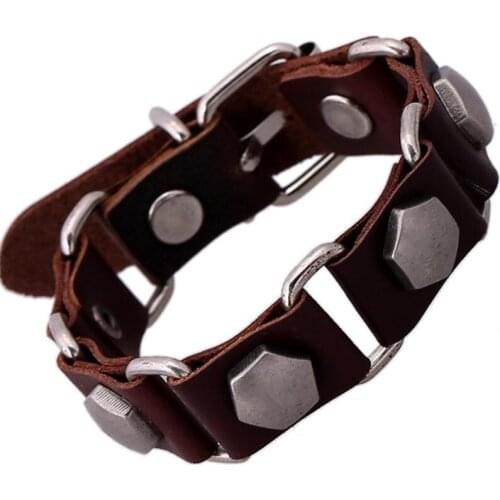Fashion Steampunk Rivets Charms Belt Bracelet Brown Genuine Leather Wrap Bangles for Men Women Wristbands Vintage Gothic Jewelry