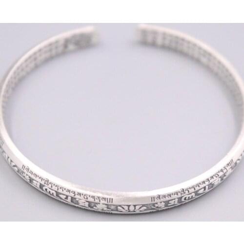 New Pure Solid 925 Sterling Silver Bracelet Six-word Mantra And Buddhist Texts Pattern Cuff Bangle