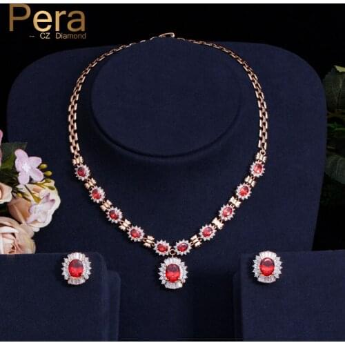 Pera CZ African Women Big Wedding Party Jewelry Sets For Bridies Red Crystal Stone Long Round Drop Necklace And Earrings J186