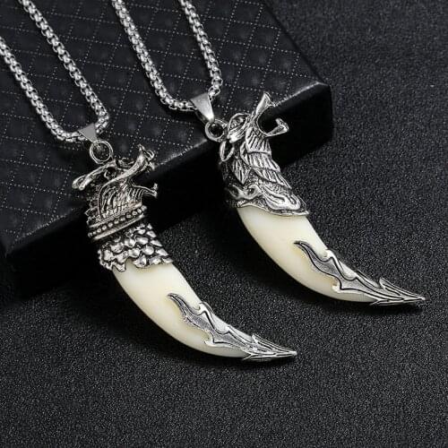 Ethnic Style Brave Men Wolf Loong Tooth Spike Pendant Necklace Stainless Steel Male Pendant Necklaces For Warrior Adult Ceremony