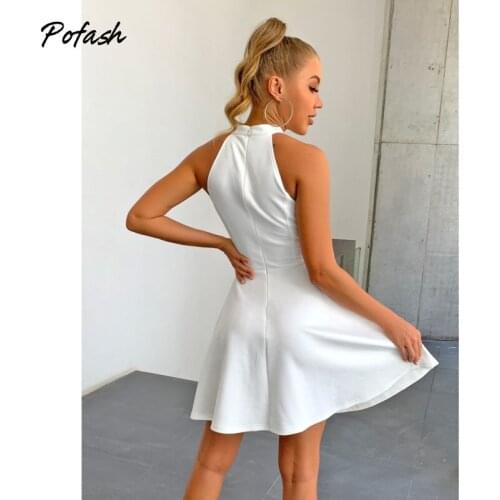 Pofash Halter Ruffle Summer Dresses Women Clothing Sheath Sexy Club Party Mini Dress Streetwear Loose Solid White Vestidos 2021