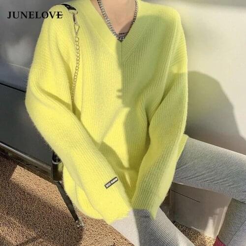 JuneLove Pullover Womens Knitwear Loose Korean Version Of Smple Versatile Fashion Harajuku Autumn V-neck Loose Colorful Sweater