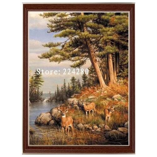 Needlework,Embroidery,DIY Cross stitch,Animal Deer Trees Pattern 14CT White Canvas Counted Cross-Stitching Home Decor Crafts