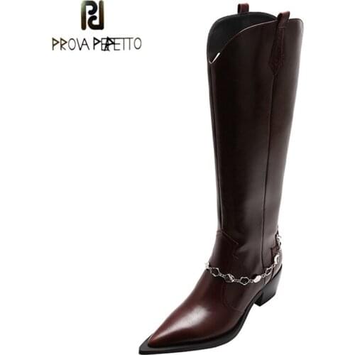 Autumn and Winter New Retro Brown Boots Pointed Thick Heel Side Zipper High Heel Western Cowboy Boots Chain Knee High Boots