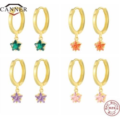 CANNER 925 Sterling Silver Colorful Zircon Star Pendant Ear Hoops Drop Earrings for Women Piercing Huggie Dangle Earing Jewelry