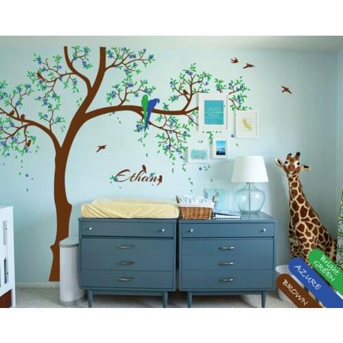 Playroom wall decals with personalized baby name and parrots snuggling, Wall tattoos, Nursery Wall Sticker Tree JW232