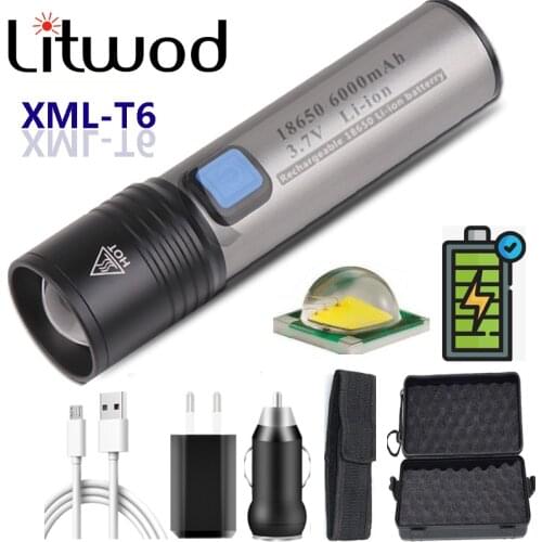 USB Rechargeable LED Flashlight T6 Built-in 1200mAh lithium battery Waterproof camping light Zoomable Torch Aluminum Fashion