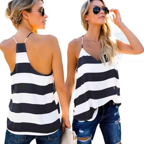 Summer Women Tops Women Casual Blue and White Sleeveless V Neck Backless Tank Tops Sexy Loose Spagthetti Strap Tops