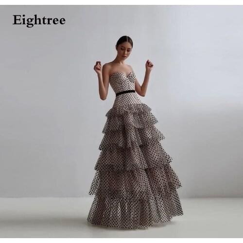Eightree Champagne Long Black Dotted Ruffles Prom Night Dresses Sweetheart Tull Tiered Sleeveless Evening Party Ball Dress Gowns