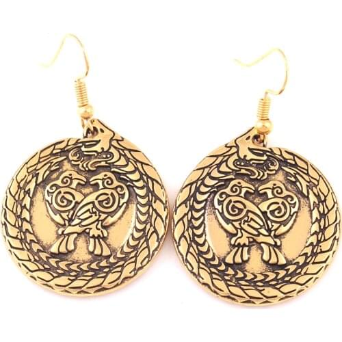 Vintage Dragon With Raven Pendant Nordic Viking Totem Animal Amulet Womens Earrings