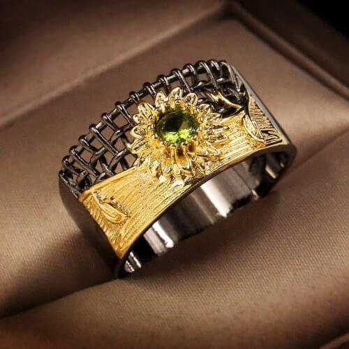 Vintage Jewelry Hollow Sunflower Two Tone Rings for Women Green Zircon Silver Wedding Rings Christmas Gifts