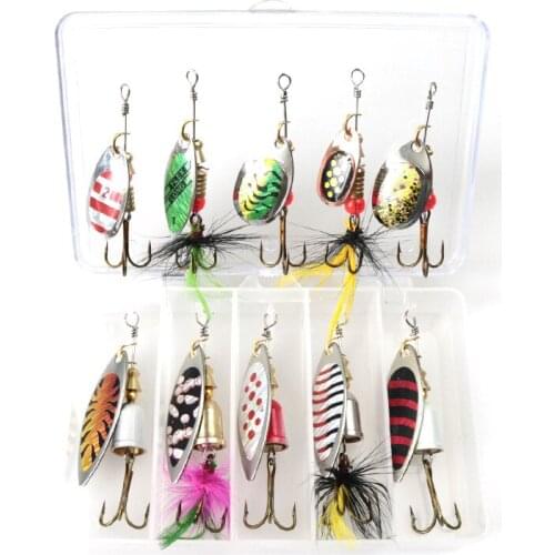Wokotip 10Pcs/set Metal Fishing Lures Hook Spinner with Box Fishing Tackle Rotating Metal Sequins for Fishing Trout/Salmon/Pike