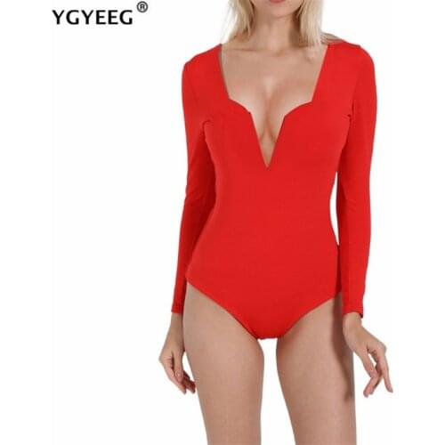 YGYEEG V Neck Long Sleeve Bodysuit Women Autumn Sexy Body Top Black Gray Red Blue Green Casual Solid Lady Plus Size Streetwear