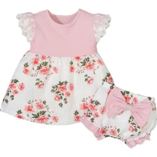Baby Girls Floral Print Short Fly Sleeve Skirt and Bow Decoration Triangle Lace Shorts Fashionable Baby Girls Outfit 2Pcs
