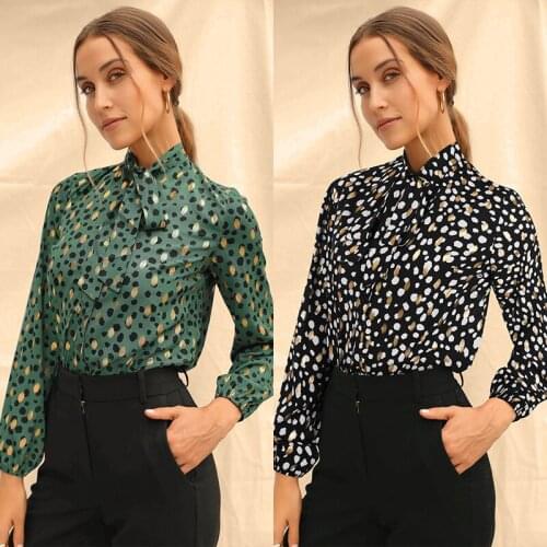 2021 Fashion Autumn Winter All Over Printed Long Sleeve Chiffon Front Button Closure Neck Tie Collar Slim Blouse