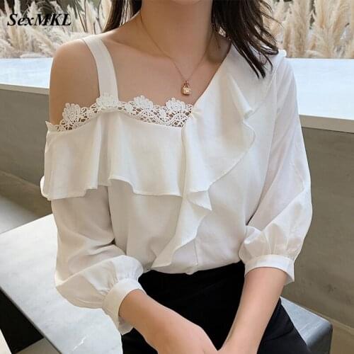 White Puff Sleeve Ladies Chiffon Shirts 2021 Summer Lace Patchwork Blouse Women Skew Collar Plus Size Female Clothing y2k Blusas
