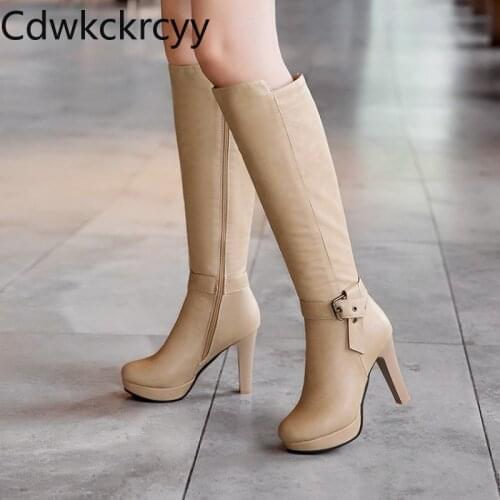 Winter The New fashion Side zipper Thick heel 10CM Women boots black Sexy Knee Plus velvet Keep warm High heel Women boots 34-43