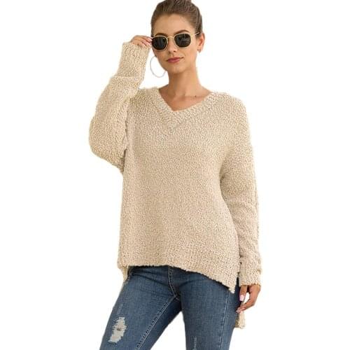 Women Sweater V-Neck Long Sleeve Loose Knit Jumper New autumn and winter knit sweater, grain fleece v-neck split pullover