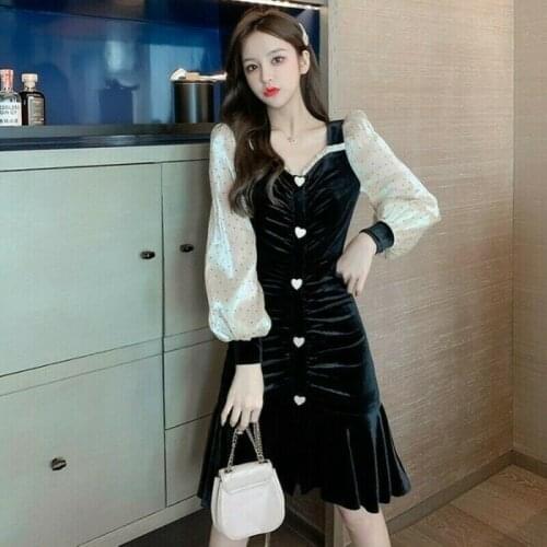 Women Velvet Midi Dress V-neck Ruffle Frill Pleated Puff Sleeve Retro Lolita