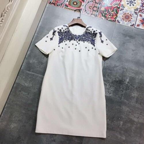 Summer Fashion Runway Women Short Sleeve Luxury Beading Beige Blue Slim Black Office Ladies Dress