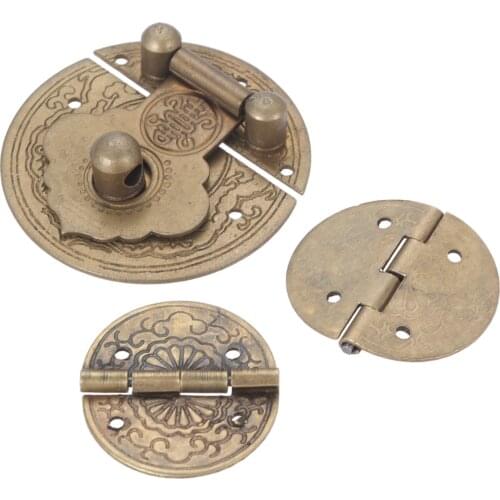 1Pcs Antique Brass Hasp Latch Lock with 2 Hinges Chinese Style Vintage Jewelry Chest Cabinet Drawer Hasp