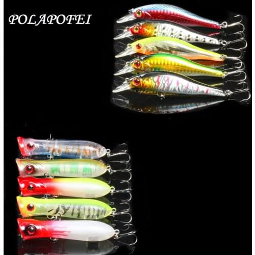 10pcs Minnow Popper Fishing Lure Wobbler Artificial Bait Fish Hook Balancer Pesca Peche Fishing Accessories Tackle Tools D