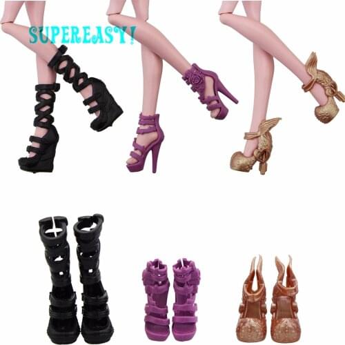 3 Pairs Fashion High Quality Shoes Black Platform Boot Mixed Style High Heels Sandals for Monster High Doll Toys Accessories