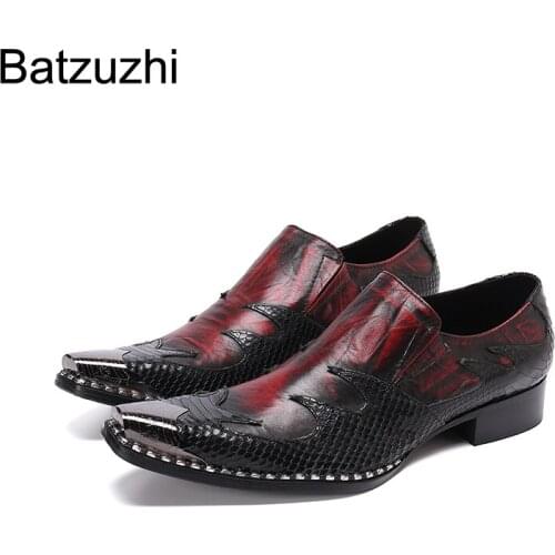 Batzuzhi Italian Style Fashion Mens Leather Shoes Pointed Metal Toe Wine Red Formal Business Dress Shoes Men for Party /Wedding