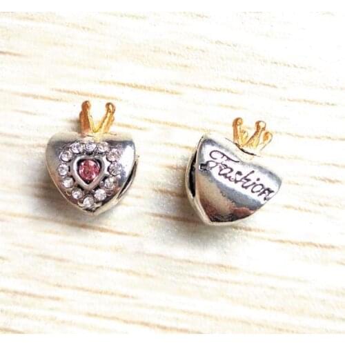 Free shipping 15pcs 14x11mm antique silver plated alloy rhinestone big hole crown heart beads fit European bracelet DIY