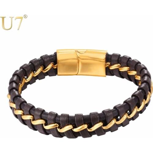 U7 Bracelet Stainless Steel Magnetic Buckle Genuine Men Braided Leather Bangle Punk Wrist Charm For Men Jewelry Bracelets H1037